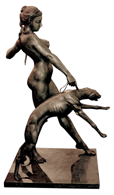 Lady With Dog Sculpture On Marble Base